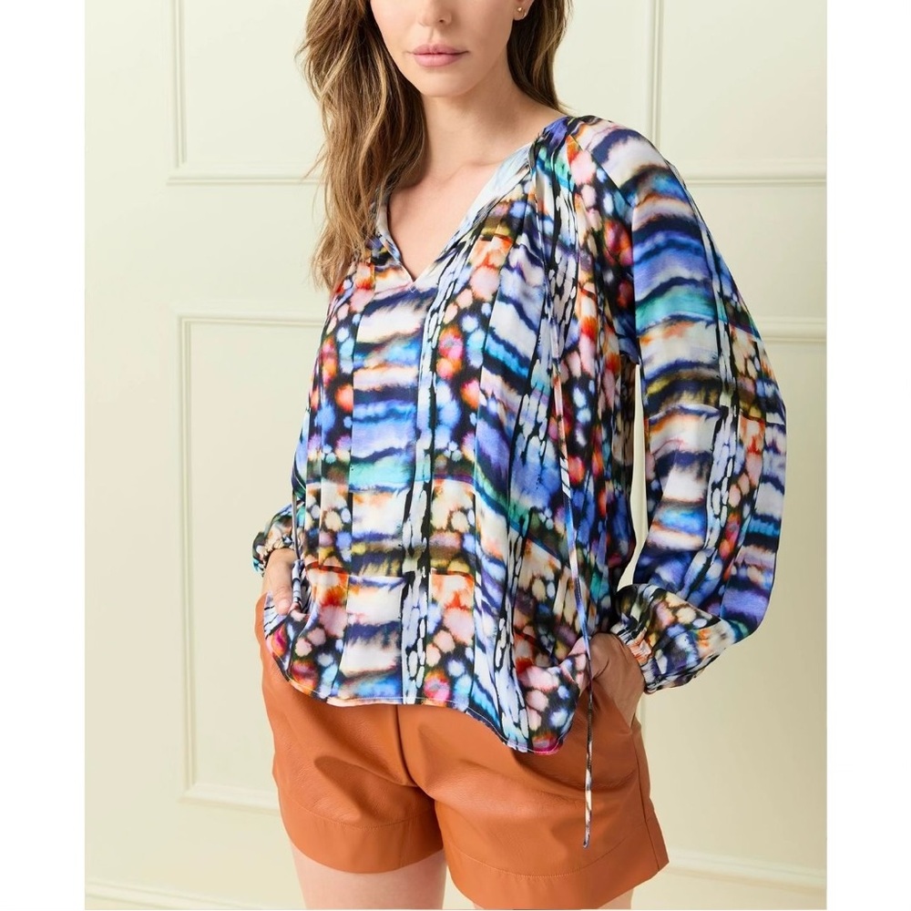 Marie Oliver Satin Viscose Tie Neck Long Sleeve Blouse Seaglass Watercolor Small